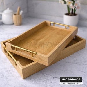 طقم 2 قطعة × صواني تقديم خشب بامبو مستطيل مع يد معدن ذهبي