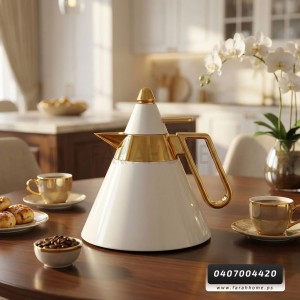 ثيرموس قهوة 1لتر هرم مخروط ستانلس بيج يد وخصرعنق ذهبي غطا ضغط 