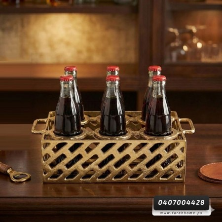 حمالة علب كولا - فرش نحاس معدن صناعة هندية يتسع ل 6 علب لون ذهبي ثقيل مقاس 37 * 22 + 10.5 سم