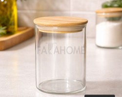 مرتبان زجاج 10 سم للبهارات / السكريات / الكاندي / المكسرات مع غطاء خشب كبس