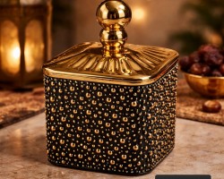 مضيفة مربع اكريليك منقط ذهبي وغطاء مذهب 12 سم