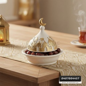 زينة رمضان/ تمرية - مضيفة - صحن تقديم فخار مع قبة وهلال