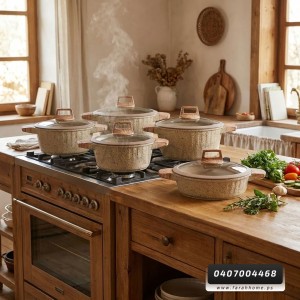 طقم طناجر ثقيل جرانيت لون بيج مع غطاء زجاج وايدي خشبية عدد 4 بالمقاسات DE DIE  20-24-28-32 سم + كسرولا 28 سم DE DIE 