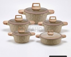 طقم طناجر ثقيل جرانيت لون بيج مع غطاء زجاج وايدي خشبية عدد 4 بالمقاسات DE DIE  20-24-28-32 سم + كسرولا 28 سم DE DIE 