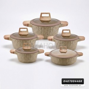 طقم طناجر ثقيل جرانيت لون بيج مع غطاء زجاج وايدي خشبية عدد 4 بالمقاسات DE DIE  20-24-28-32 سم + كسرولا 28 سم DE DIE 