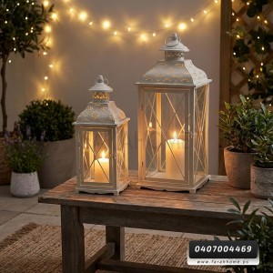 زينة رمضان / فانوس رمضاني معدني لون ابيض قطعتين حجم كبير 50 + 40 سم