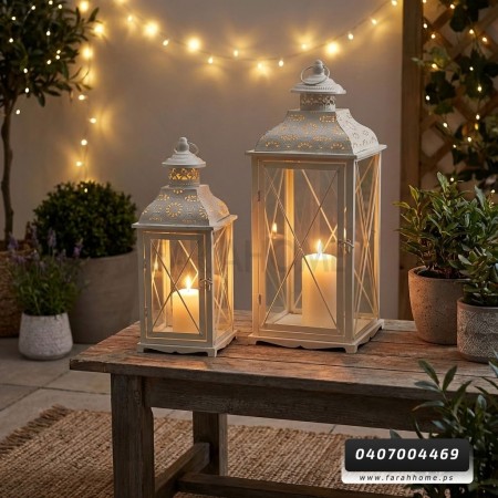 زينة رمضان / فانوس رمضاني معدني لون ابيض قطعتين حجم كبير 50 + 40 سم