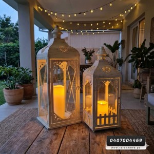 زينة رمضان / فانوس رمضاني معدني لون ابيض قطعتين حجم كبير 50 + 40 سم