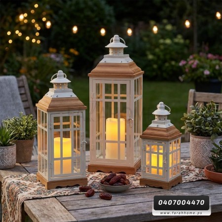 زينة رمضان/طقم فانوس رمضان اطار معد مع قاعدة خشب 3 قطع 70 + 50 + 40 سم