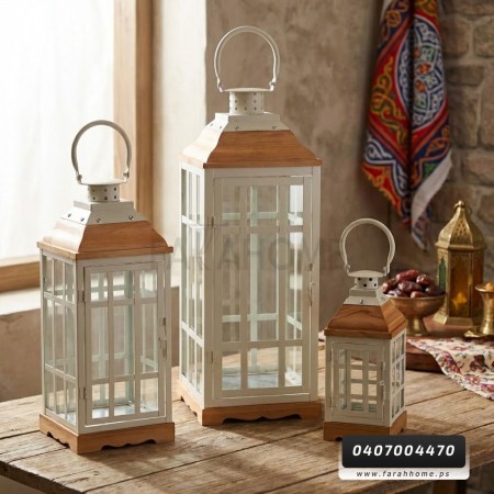 زينة رمضان/طقم فانوس رمضان اطار معد مع قاعدة خشب 3 قطع 70 + 50 + 40 سم