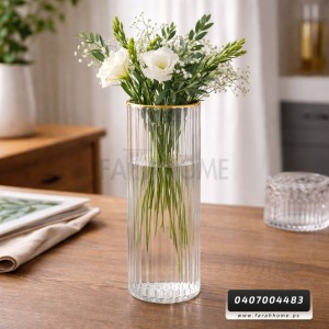 فازة - حامل ورد زجاج شفاف محزز طولي مع حيف ذهبي