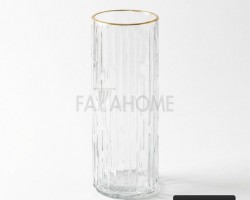 فازة - حامل ورد زجاج شفاف محزز طولي مع حيف ذهبي