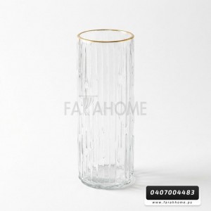 فازة - حامل ورد زجاج شفاف محزز طولي مع حيف ذهبي