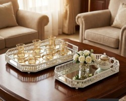 طقم صواني تقديم - ضينية تفضيل مستطيل سادة معدن ارضية مرآة قطعتين