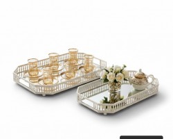 طقم صواني تقديم - ضينية تفضيل مستطيل سادة معدن ارضية مرآة قطعتين