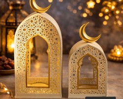 زينة رمضان/ طقم مجسم تحفة رمضانية حديد قطعتين الكبير 16×9×45 الصغير 16×9×35