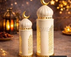 زينة رمضان/ طقم مجسم تحفة رمضانية على شكل مآذنة حديد قطعتين  الكبير 50×15  الصغير 70×20