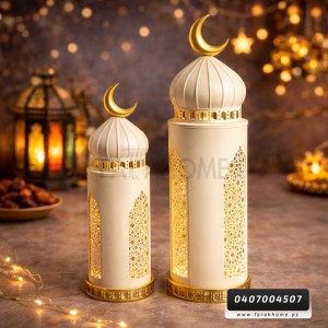 زينة رمضان/ طقم مجسم تحفة رمضانية على شكل مآذنة حديد قطعتين  الكبير 50×15  الصغير 70×20