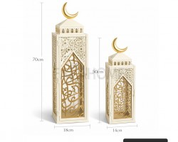 زينة رمضان/ طقم فانوس معدن رمضاني مع حفر CNC قطعتين الكبير 70×18×18 الصغير 50×14×14 سم