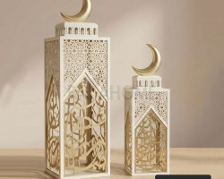 زينة رمضان/ طقم فانوس معدن رمضاني مع حفر CNC قطعتين الكبير 70×18×18 الصغير 50×14×14 سم