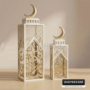 زينة رمضان/ طقم فانوس معدن رمضاني مع حفر CNC قطعتين الكبير 70×18×18 الصغير 50×14×14 سم