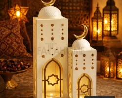زينة رمضان/ طقم فانوس معدن رمضاني مستطيل مع حفر و قبة وهلال CNC قطعتين الكبير 70×18×18 الصغير 50×14×14