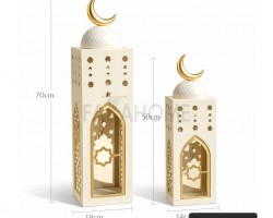 زينة رمضان/ طقم فانوس معدن رمضاني مستطيل مع حفر و قبة وهلال CNC قطعتين الكبير 70×18×18 الصغير 50×14×14