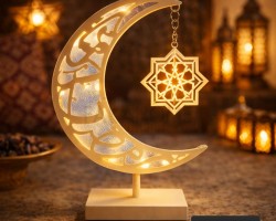زينة رمضان/ هلال حديد CNC مضيء مع معلقة نجمة مع قاعدة مقاس 32×12×7 سم