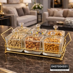 طقم مضيفة 6 صحون زجاج محزز مع غطا وستاند ذهبي