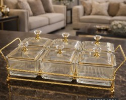 طقم مضيفة 6 صحون زجاج محزز مع غطا وستاند ذهبي