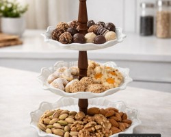 ستاند / مضيفة حمالة حلو بورسلان 3 طبقات عمود خشب بني في الوسط ستاند / مضيفة حمالة حلو بورسلان 3 طبقات عمود خشب بني في الوسط