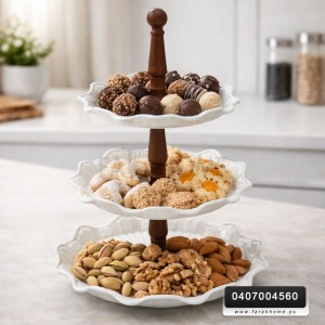 ستاند / مضيفة حمالة حلو بورسلان 3 طبقات عمود خشب بني في الوسط