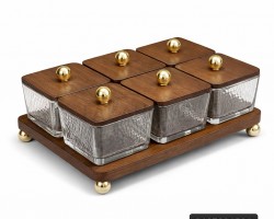 طقم تقديم / تفضيل صينية خشب مع صحون علب زجاج مضيفة /مكسرات/ بهارات/ كاندي مع صينية خشب بامبو بني غطا خشبي كرة ذهبية 6 قطع مع صينية