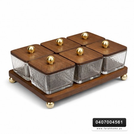 طقم تقديم / تفضيل صينية خشب مع صحون علب زجاج مضيفة /مكسرات/ بهارات/ كاندي مع صينية خشب بامبو بني غطا خشبي كرة ذهبية 6 قطع مع صينية طقم تقديم / تفضيل صينية خشب مع صحون علب زجاج مضيفة /مكسرات/ بهارات/ كاندي مع صينية خشب بامبو بني غطا خشبي كرة ذهبية 6 قطع مع صينية
