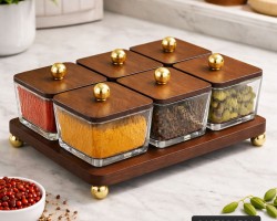 طقم تقديم / تفضيل صينية خشب مع صحون علب زجاج مضيفة /مكسرات/ بهارات/ كاندي مع صينية خشب بامبو بني غطا خشبي كرة ذهبية 6 قطع مع صينية