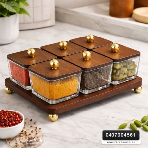 طقم تقديم / تفضيل صينية خشب مع صحون علب زجاج مضيفة /مكسرات/ بهارات/ كاندي مع صينية خشب بامبو بني غطا خشبي كرة ذهبية 6 قطع مع صينية