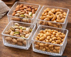 طقم صحن مكسرات زجاج مربع شفاف محزز 6 قطع