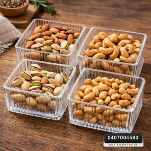 طقم صحن مكسرات زجاج مربع شفاف محزز 6 قطع