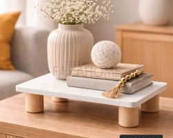 ستاند ديكور بوهيمي مستطيل ابيض مع ارجل خشب 