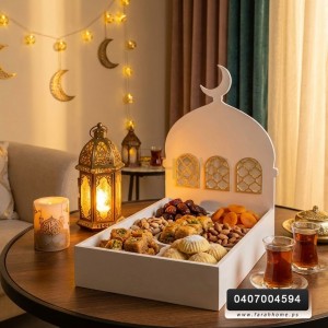زينة رمضان / مضيفة تقديم خشب حفر CNC شكل مسجد رمضان كريم مقاس العرض 24 سم × الطول 38 سم 