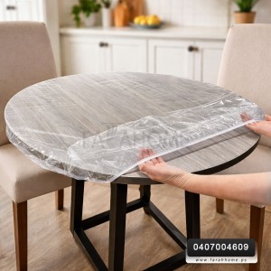 وجه طاولة سفرة مدورة مقاس 170 سم شفاف مع مغاط استخدام مرة واحدة 10 قطع