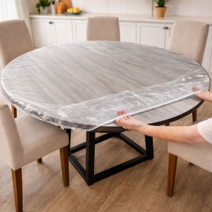 وجه طاولة سفرة مدورة مقاس 170 سم شفاف مع مغاط استخدام مرة واحدة 10 قطع