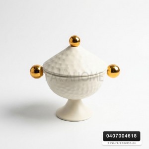 تمرية - مضيفة كاندي معدن مدور حجم صغير تفضيل غطا مخروطي ويدين ذهبي وقاعدة 12 × 14 سم تمرية - مضيفة كاندي معدن مدور حجم صغير تفضيل غطا مخروطي ويدين ذهبي وقاعدة 12 × 14 سم