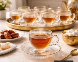 طقم كاسات شاي شفاف مع حز ذهبي 12 قطعة ( 6 كاسات + 6 استكانة )