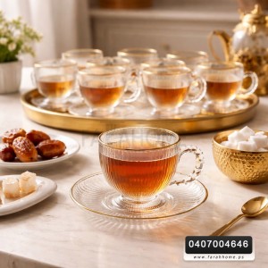 طقم كاسات شاي شفاف مع حز ذهبي 12 قطعة ( 6 كاسات + 6 استكانة )