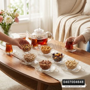 طقم صحون مكسرات + استكانات زجاج شفاف مع حز ذهبي 12 قطعة