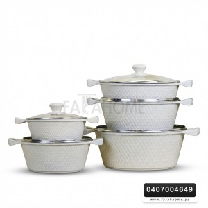 طقم  طناجر سكب غرانيت ابيض ثقيل  FLORENCE مقاسات 20 - 24 - 28 - 32 سم + مقلى حجم 28 سم