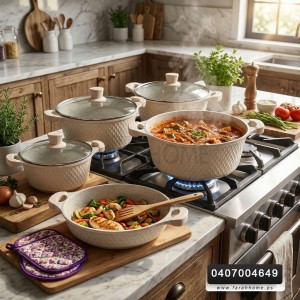 طقم  طناجر سكب غرانيت ابيض ثقيل  FLORENCE مقاسات 20 - 24 - 28 - 32 سم + مقلى حجم 28 سم