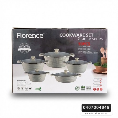 طقم  طناجر سكب غرانيت ابيض ثقيل  FLORENCE مقاسات 20 - 24 - 28 - 32 سم + مقلى حجم 28 سم