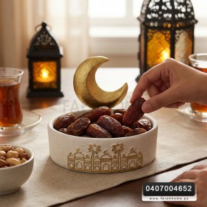 زينة رمضان / صحن تقديم تمرية جبصين سيمنت مع هلال ذهبي